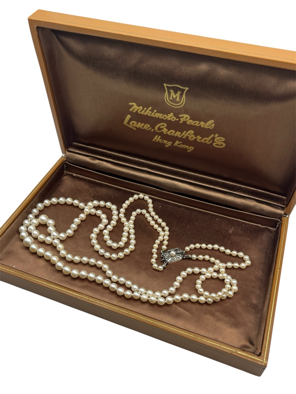Mikimoto double strand pearl necklace w sterling silver clasp and original box